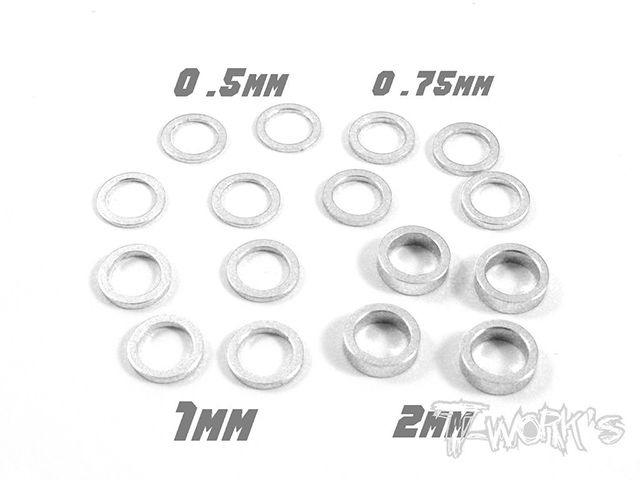 TEAM AJ　TA-046S　T-Work's アルミ製M5シムセット【0.5/0.75/1.0/2mm/シルバー/各4枚入】